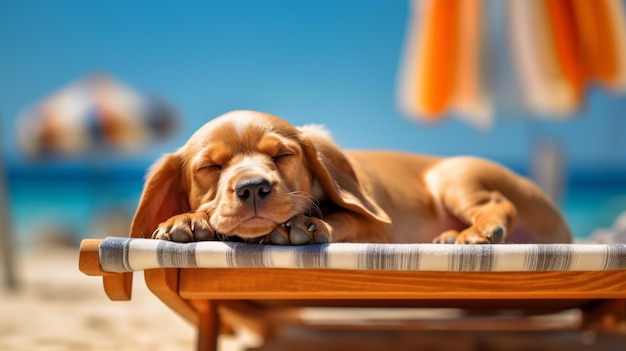 Perro acostado en una silla de playa en la playa con un cielo azul en el fondo