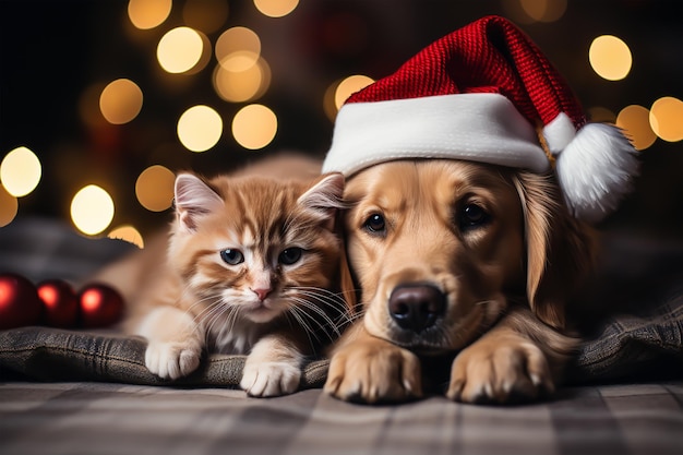 perro acostado sobre un gato y ambos se relajan juntos