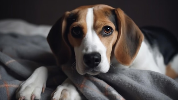 Un perro acostado sobre una manta con la palabra beagle.