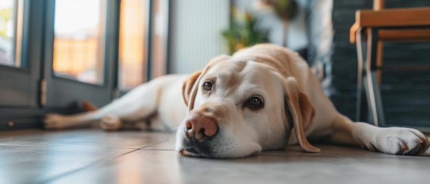 un perro acostado en el suelo frente a una puerta