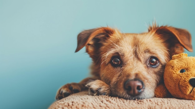 Un perro adorable acostado con un oso de peluche