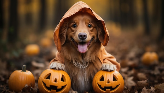 Perro adorable con calabazas de halloween en el bosque de otoño