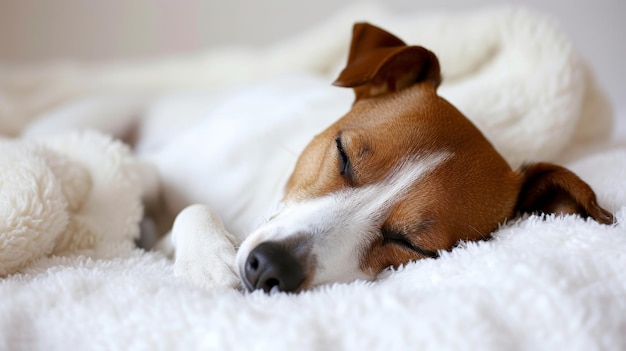 Foto perro adorable durmiendo felizmente en una cama blanca con espacio de copia de manta para la colocación de texto