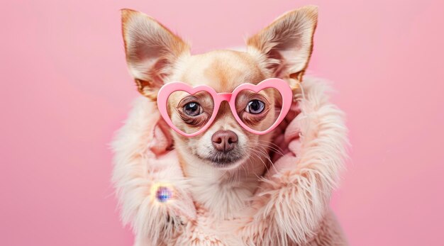 Foto un perro adorable con gafas de sol en forma de corazón