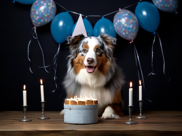 Foto perro adorable posando con un pastel de cumpleaños en una celebración