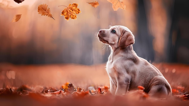 Perro adorable sentado en el parque Perro en el bosque de otoño mirando las hojas que caen Concepto Período de otoño Otoño dorado