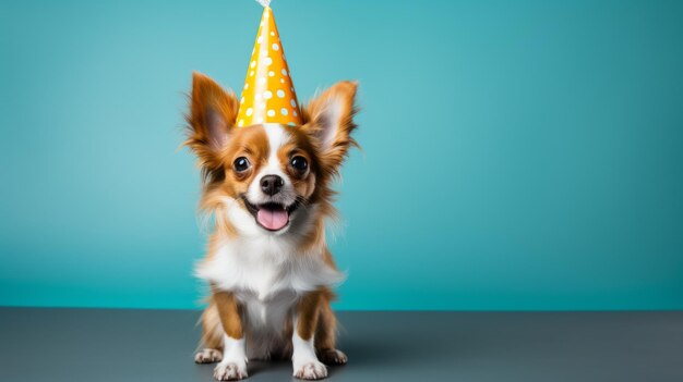 Foto perro adorable con sombrero de fiesta en un fondo sólido