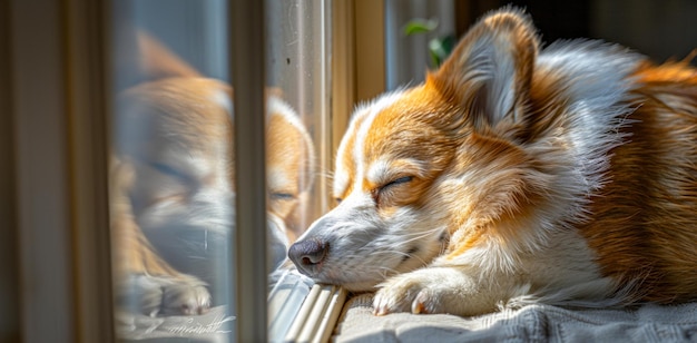 Perro adormecido junto a una ventana iluminada por el sol en una tarde perezosa