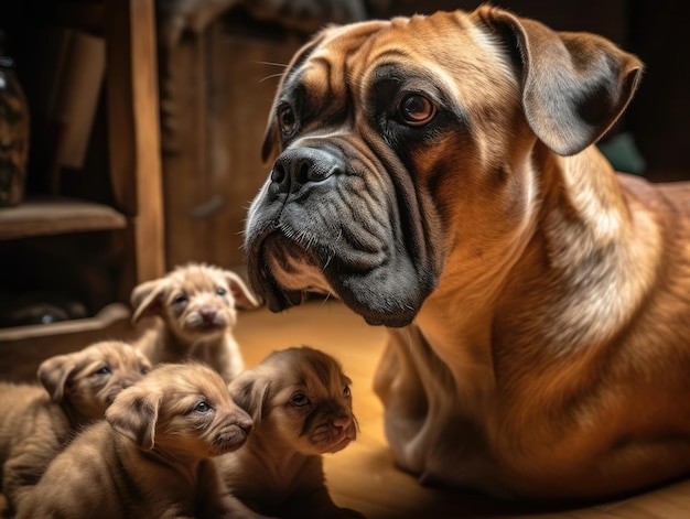 Perro adulto con crías IA generativa