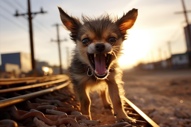 Perro agresivo mostrando los dientes y gruñendo en postura defensiva