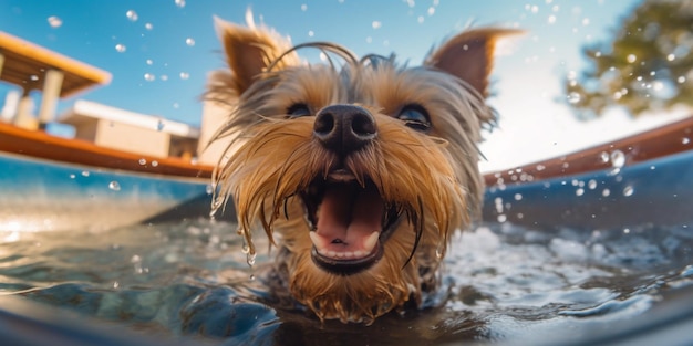 Un perro en el agua con un cielo azul de fondo