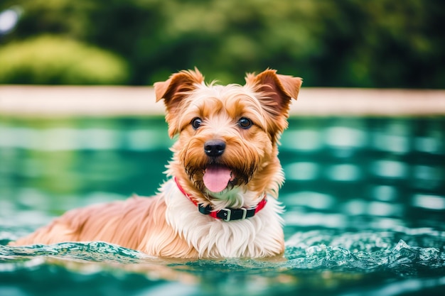 Un perro en el agua con un collar rojo.