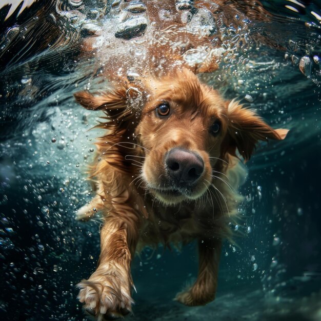 Perro bajo el agua y nadar como ejercicio animal o actividad física o movilidad aprender o divertido dorado
