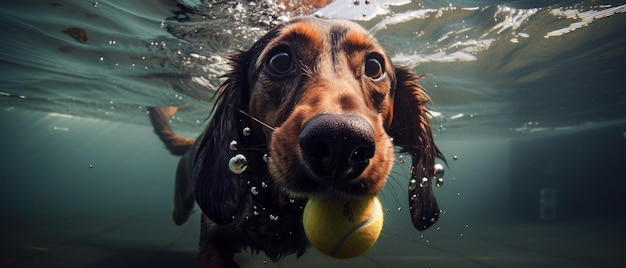 Perro bajo el agua con pelota de tenis IA generativa