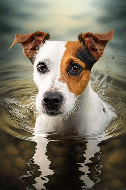 Un perro en el agua con una pintura de su cara y la palabra perro.