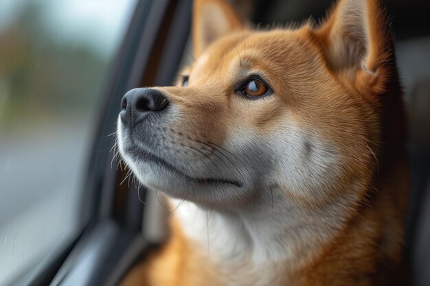 El perro Akita Inu va en coche y mira por la ventana
