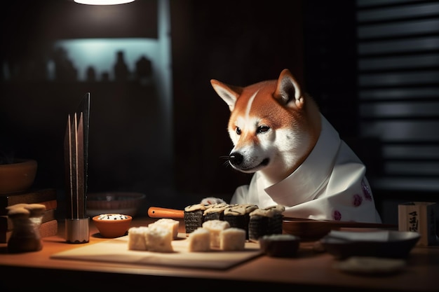 Perro Akita con ropa japonesa en un bar de sushi Concepto de comida japonesa ai generativo