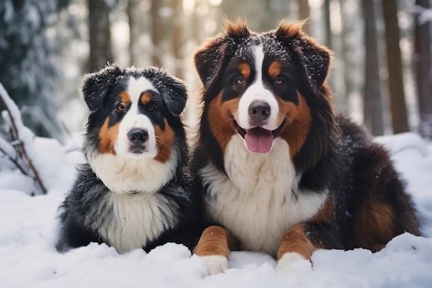 El perro Akitainu y el perro de montaña bernés se sientan uno al lado del otro en un parque de invierno