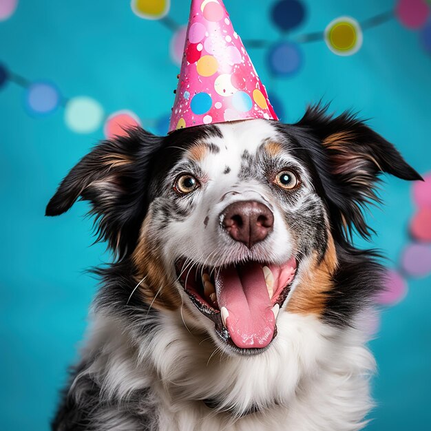 Perro alegre con un brillante sombrero de cumpleaños