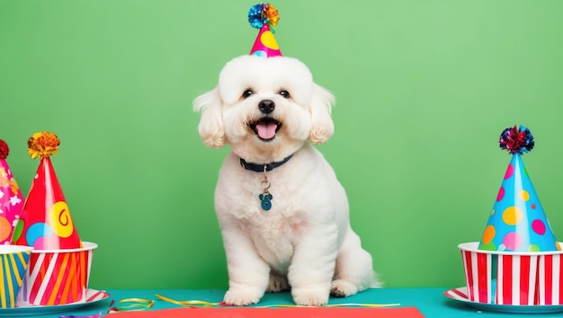 Un perro alegre celebra con pasteles y globos de colores en una fiesta