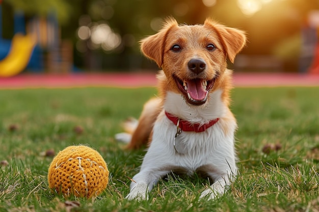 Un perro alegre disfruta de la hierba verde jugando con una pelota de juguete