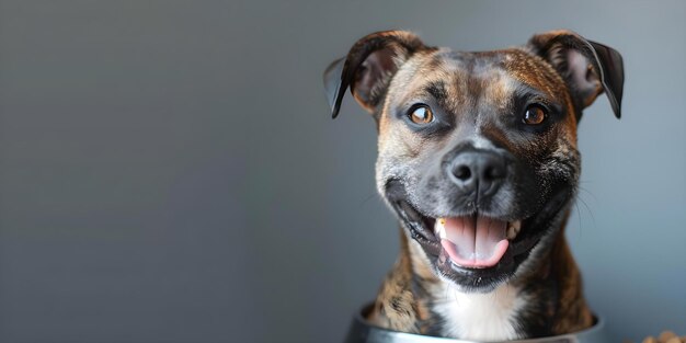 Perro alegre disfrutando de una comida y sonriendo retratos conceptuales de perros mascotas sonrientes felices durante las comidas