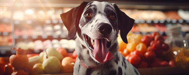 Foto un perro alegre explora un supermercado de mascotas con una gran cantidad de artículos concepto supermercado de mascotas aventura curiosidad canino compras espera compañero animal exploración emocionante