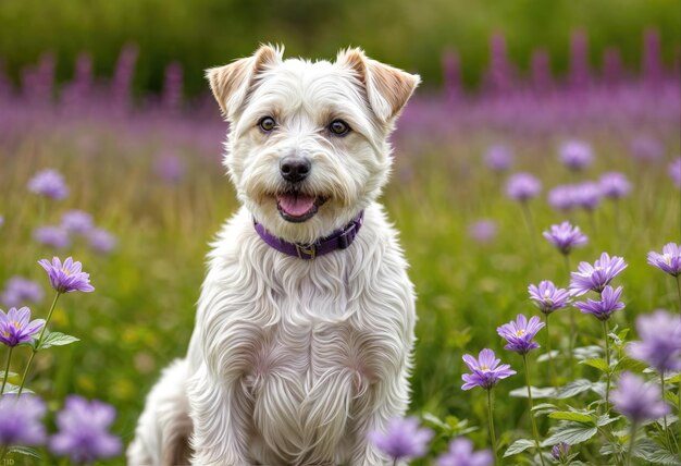 Foto perro alegre en las flores de primavera tema de pascua