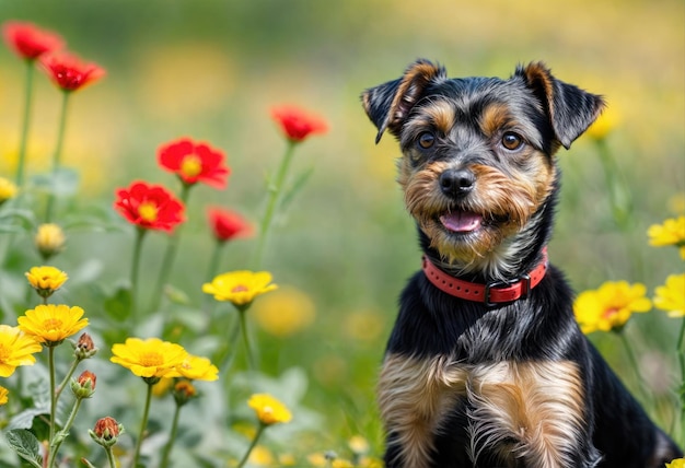 Perro alegre en las flores de primavera Tema de Pascua