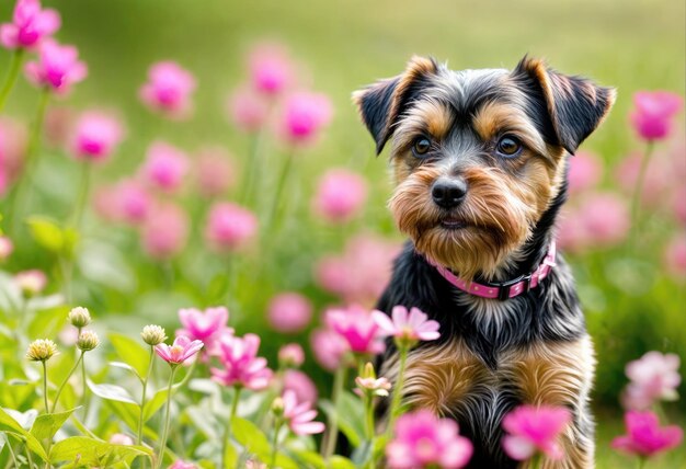 Foto perro alegre en las flores de primavera tema de pascua