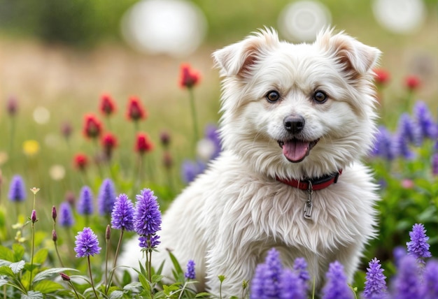 Perro alegre en las flores de primavera Tema de Pascua