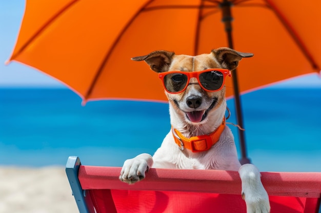 Foto un perro alegre con gafas de sol se relaja en una silla bajo un paraguas naranja junto al mar