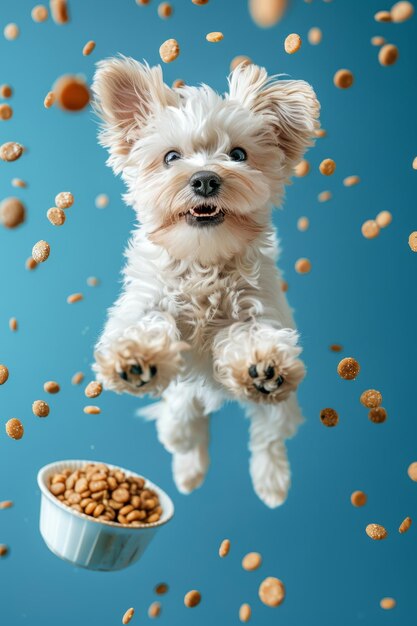 Un perro alegre jugando con bocadillos voladores