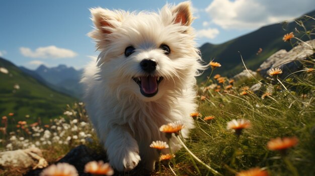 Perro alegre jugando en un prado soleado de margaritas