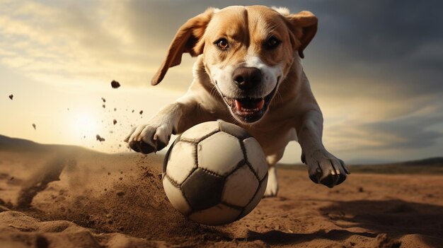 Un perro alegre y juguetón está jugando a correr y a llevar una pelota.