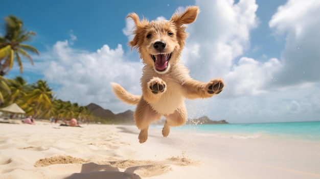 Perro alegre saltando y jugando en la playa de arena tropical