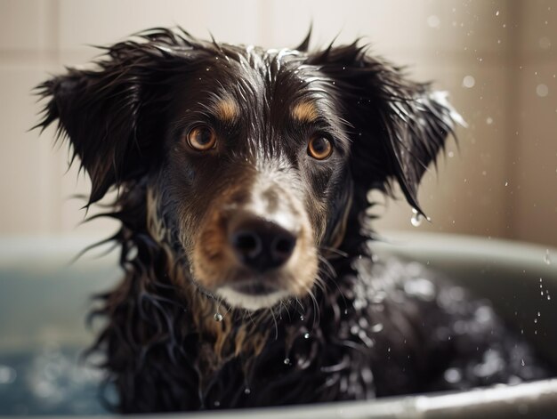 Foto perro alegre sentado en el baño y mirando a la cámara