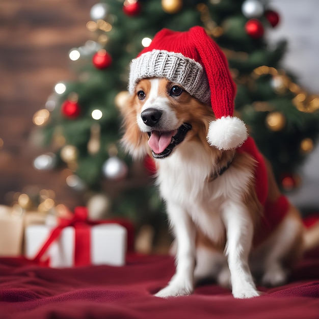 Perro alegre con un sombrero rojo de Año Nuevo cerca del árbol de Navidad