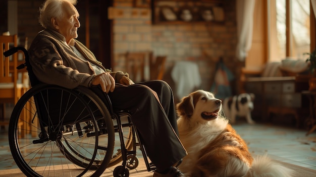 perro con un anciano en silla de ruedas