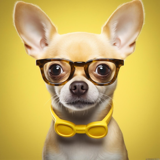 Perro animal amarillo cachorro mascota gafas anteojos fondo retrato chihuahua linda IA generativa