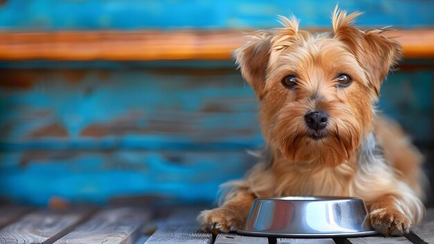 Perro ansioso esperando ansiosamente la comida junto a un cuenco de madera Concepto Perro deseoso de comida Cuenco de leña esperando