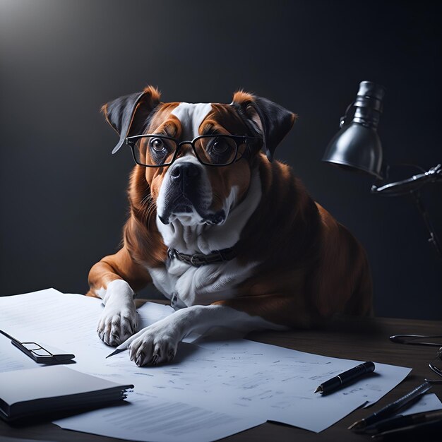 Un perro con anteojos que trabaja en el papeleo en un espacio de trabajo desordenado creado con tecnología de IA generativa