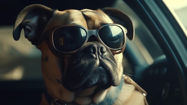 Perro con anteojos sentado en el auto Ai generativo