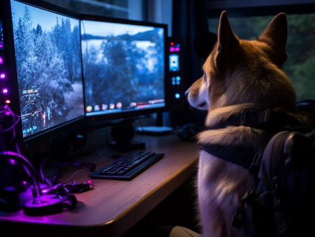 Perro Arafed sentado frente a un monitor de computadora con una IA generadora de luz púrpura