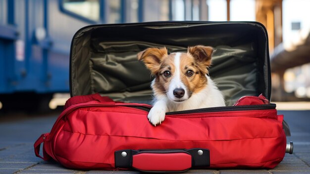 Perro Arafed sentado en una maleta roja en el suelo generativo ai