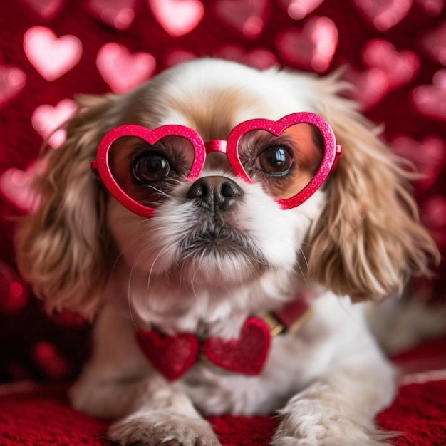 Perro araffe con gafas en forma de corazón sobre una manta roja ai generativo