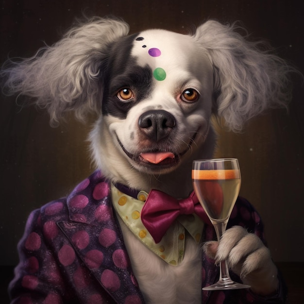perro araffe con maquillaje de payaso y copa de vino ai generativo