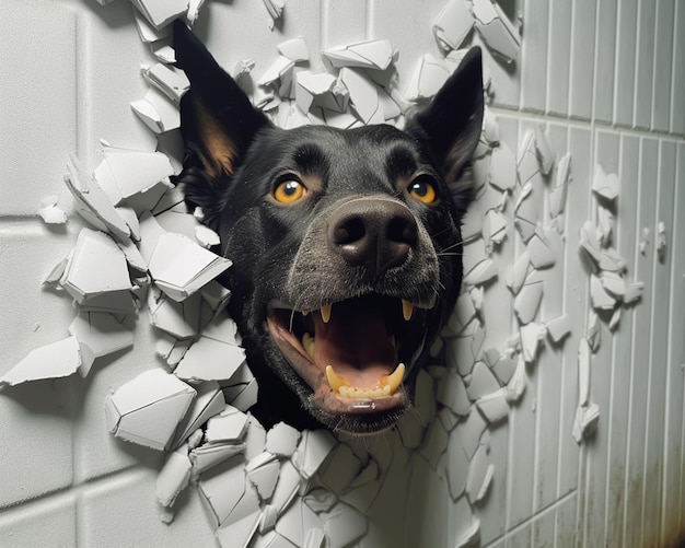 perro araffe mirando a través de un agujero en una pared con un agujero en ella generativa ai