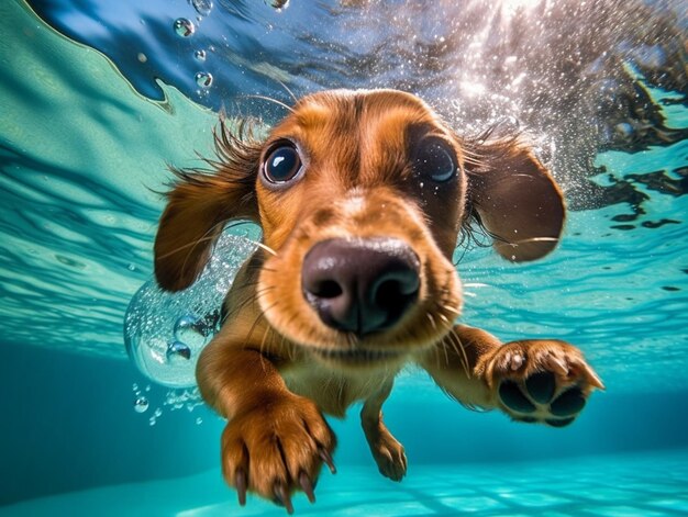 Foto perro araffe nadando bajo el agua en una piscina con sus patas arriba ai generativo