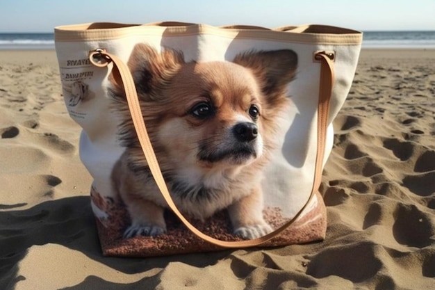 Perro Araffe sentado en una bolsa en la playa ai generativo